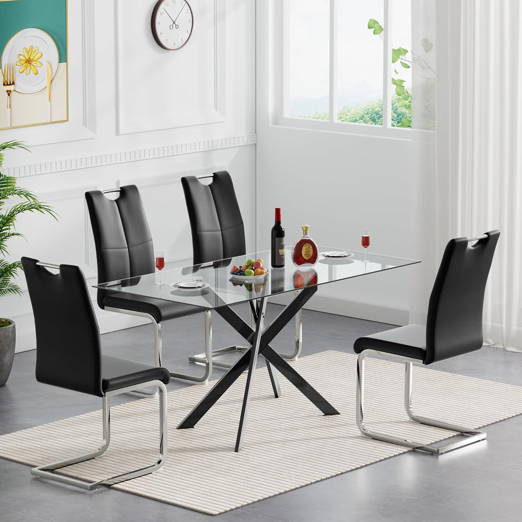 51 Inch Glass Dining Table Set for 4, Rectangular Tempered Glass Kitchen Table with Metal Base, Modern Black Dining Room Table with 4 Leather Dining Chairs for Kitchen Living Room