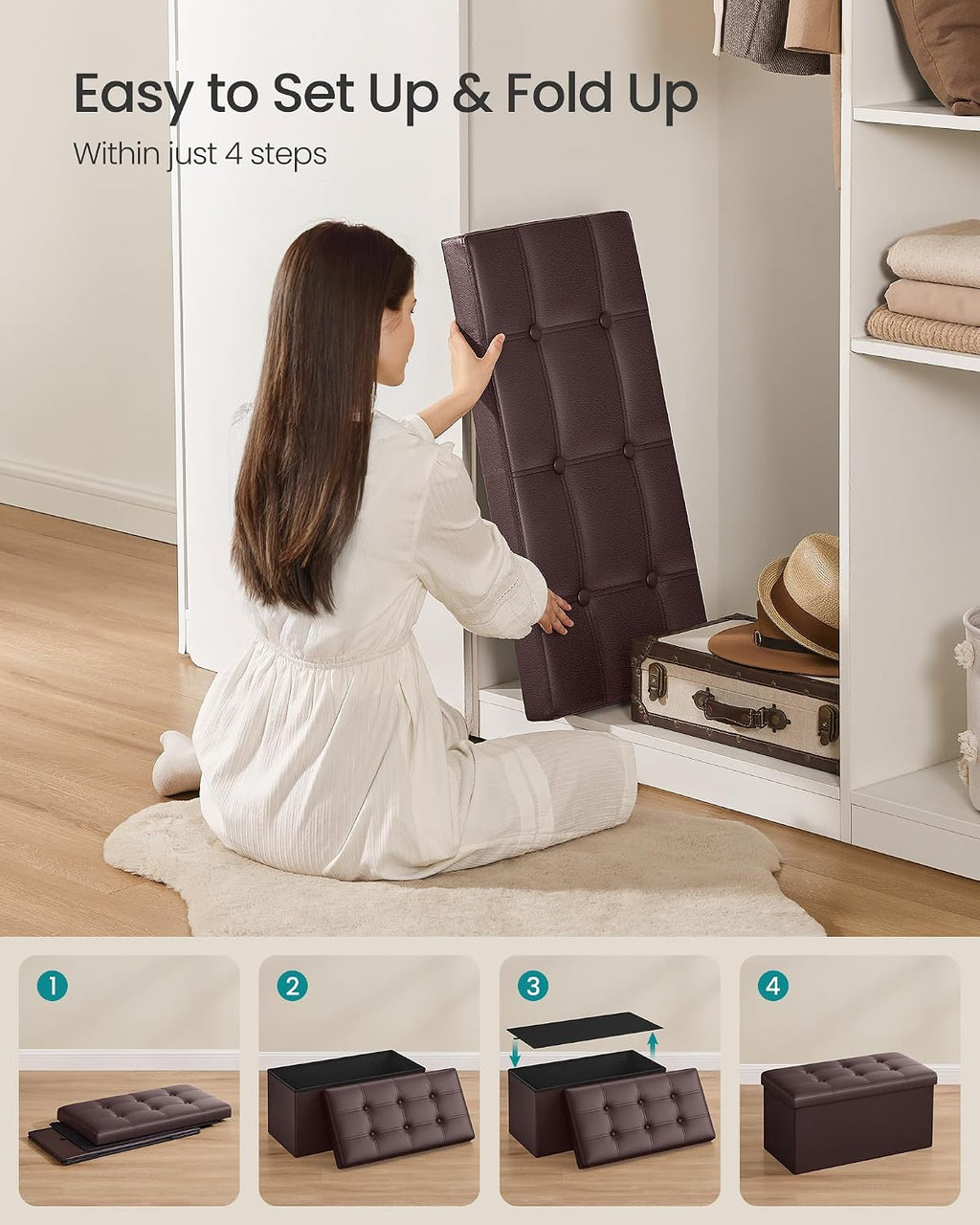 SONGMICS Storage Ottoman Bench, 30 Inches Folding Foot Rest Stool | PU Leather, Easy Assembly, for Living Room, Bedroom, Entryway, Rustic Walnut and Ink Black, MINOTA Collection ULSF40Z