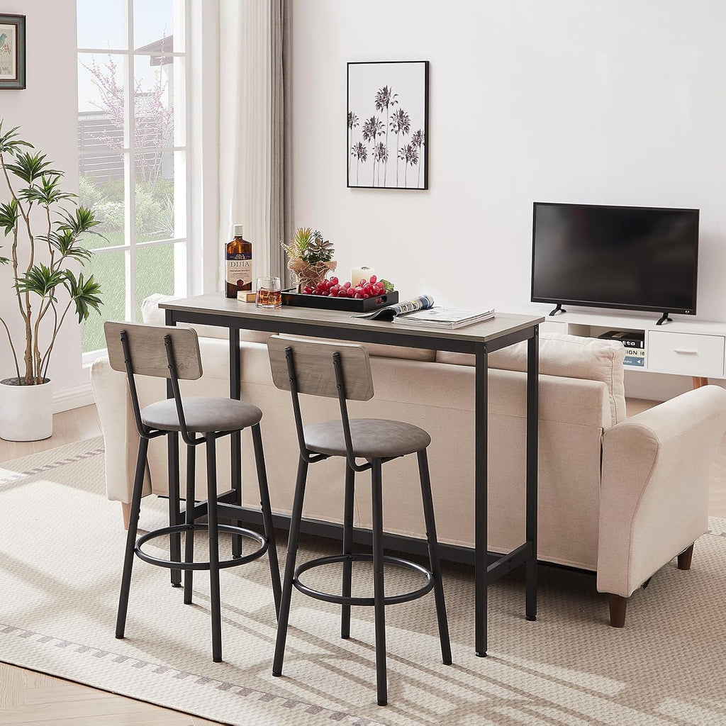 43.31" Bar Table Set for 2, Counter Height Dining Table with PU Upholstered Bar Stools and Backrests, Space-Saving Small Kitchen Table for Breakfast Nook,Grey
