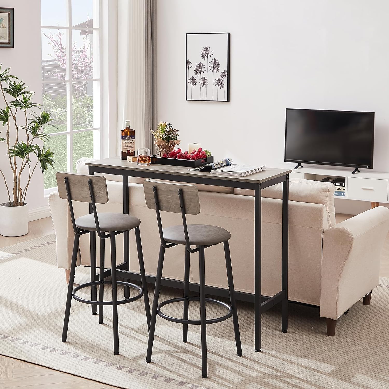 43.31" Bar Table Set for 2, Counter Height Dining Table with PU Upholstered Bar Stools and Backrests, Space-Saving Small Kitchen Table for Breakfast Nook,Grey