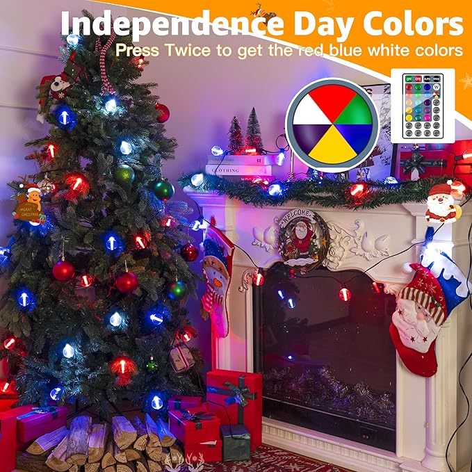 Ollny RGBW Outdoor Lights 20 Bulbs 30FT, Red White Blue String Light for Independence and Memorial Day, Plug in Remote Waterproof Timers Patio Lights for American Holiday Outside Balcony Porch Yard