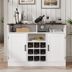 MHOM Farmhouse Buffet Cabinet with Prower Outlets, Rustic Sideboard Buffet with Wine Rack, Wooden Buffet Table for Dining Room, Antique White