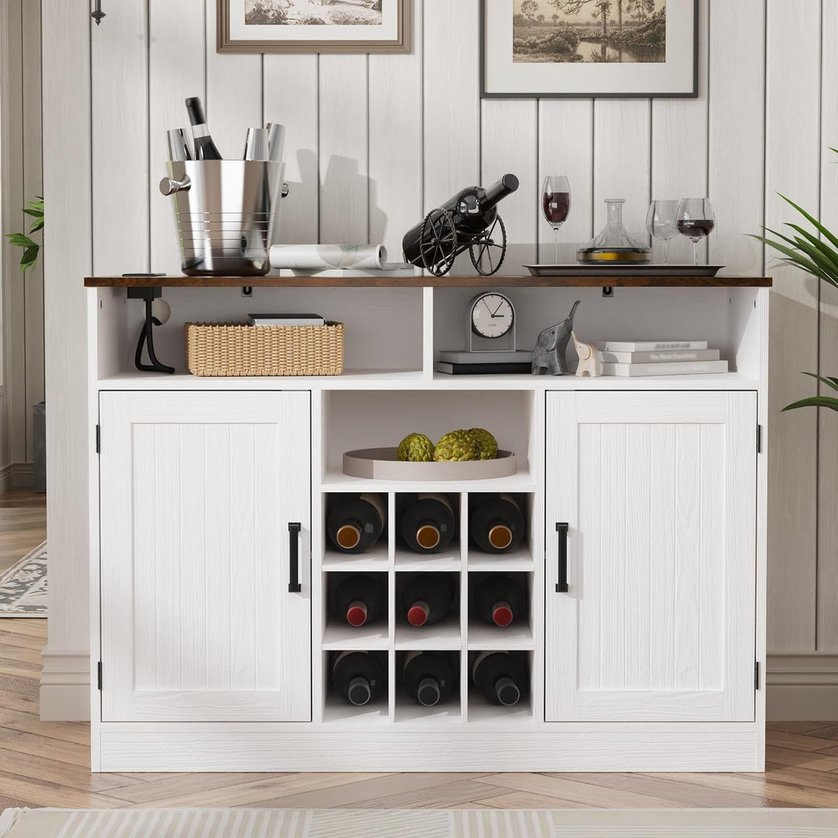 MHOM Farmhouse Buffet Cabinet with Prower Outlets, Rustic Sideboard Buffet with Wine Rack, Wooden Buffet Table for Dining Room, Antique White