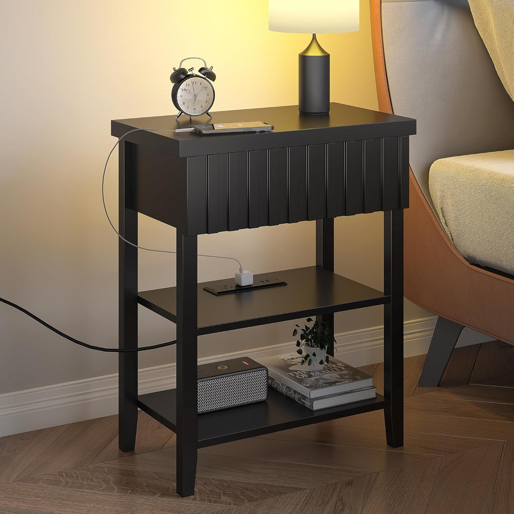 3imothrix Narrow End Table with Charging Station, Fluted Side Table with Drawer for Small Space, Modern Nightstand with Storage Shelves for Living Room Bedroom, Black