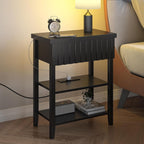 3imothrix Narrow End Table with Charging Station, Fluted Side Table with Drawer for Small Space, Modern Nightstand with Storage Shelves for Living Room Bedroom, Black