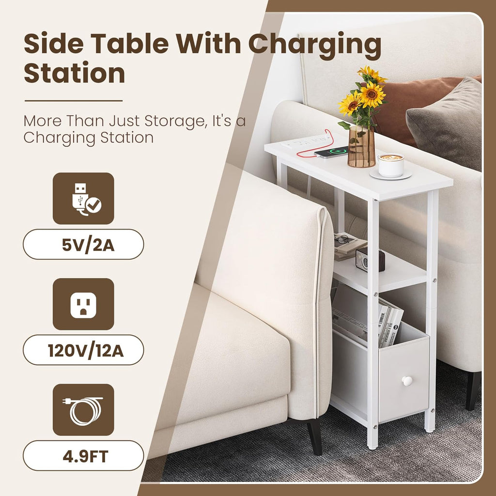 Narrow Side Table with Charging Station, Skinny End Table for Small Spaces, Thin Sofa Side Table with 1 Fabric Drawer, Slim Nightstand for Living Room, Bedroom, White
