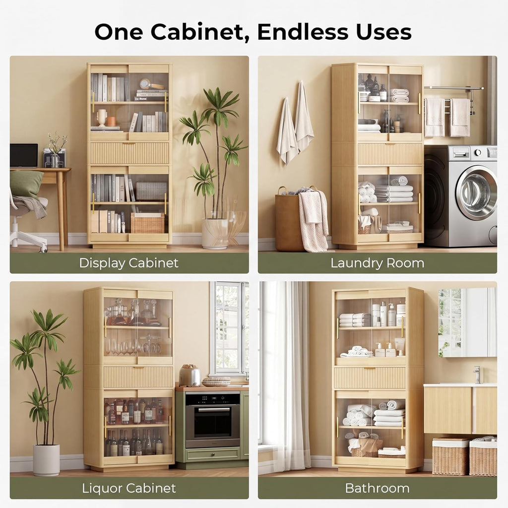 IRONCK 69" Tall Kitchen Pantry, Modern Farmhouse Fluted Kitchen Storage Cabinet with Sliding Glass Doors, Adjustable Shelves & Drawer, Freestanding Cupboard for Kitchen Dining Room Living Room, Oak