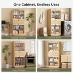IRONCK 69" Tall Kitchen Pantry, Modern Farmhouse Fluted Kitchen Storage Cabinet with Sliding Glass Doors, Adjustable Shelves & Drawer, Freestanding Cupboard for Kitchen Dining Room Living Room, Oak