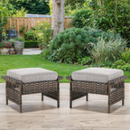 Patio Ottomans 2 Piece Outdoor Wicker Ottomans PE Rattan Footrest with Thickened Cushions Footstools for Garden Sunroom Deck Porch Balcony Poolside, Ottomans(2PCS), Brown|Beige