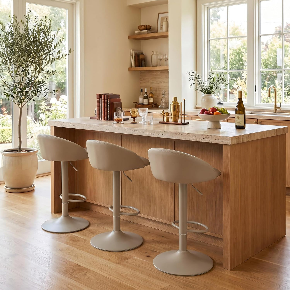 YOUNUOKE Bar Stools Set of 2 Modern Swivel Bar Stools, Khaki | PU Leather Adjustable Counter Height Stool with Low Back, Comfy Barstools for Kitchen Island, Cafe Bar