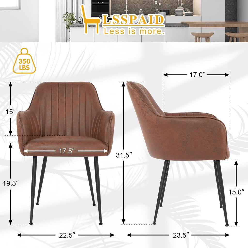 LSSPAID Dining Chairs Set of 2, Upholstered Faux Leather Modern Accent Vanity Armchair with Gold Metal Legs for Kitchen Bedroom Living Room, Brown