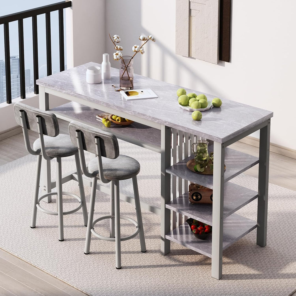 Lamerge Furniture Kitchen Bar Height Table and Chairs for 2, 5-Tier Compact Dining Room Table, Gray Top and 2 PU Leather Upholstered Seat Black Frame, Modern Dining Set for Home & Office