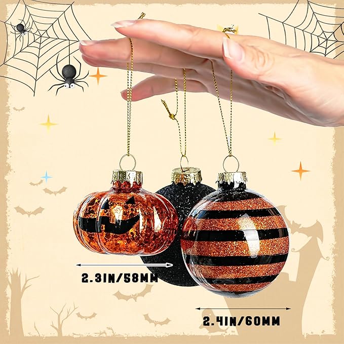 Halloween Tree Ornament Decorations Indoor, 12-Pack Pumpkin Decorative Hanging Ball Ornaments Set for Halloween Christmas Tree, Holiday Party Indoor Home Decor