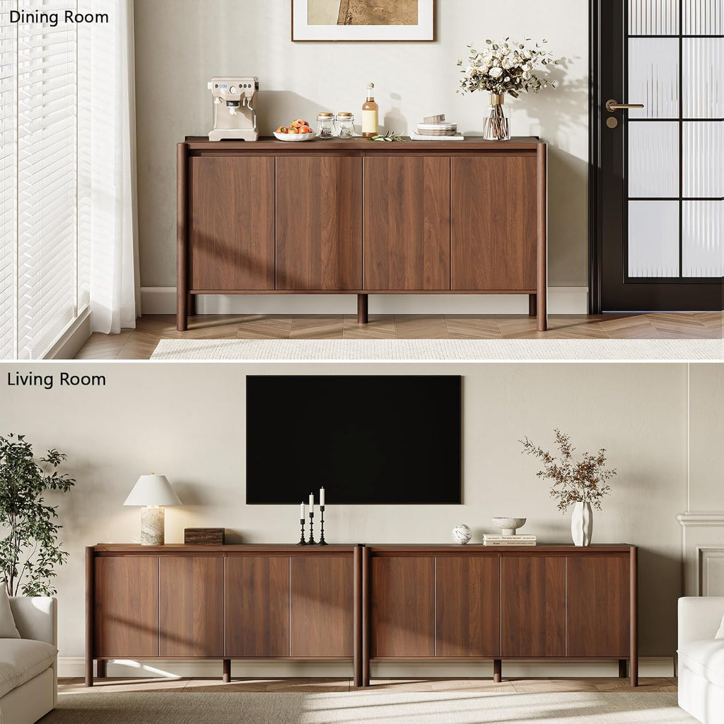 59" Wide Walnut Buffet Cabinet Storage,4 Doors and Adjustable Shelves,Solid Wood Round Legs,Wood Mid Century Sideboard for Kitchen,Living Room,Coffee Bar.