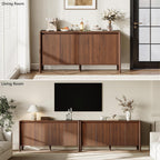 59" Wide Walnut Buffet Cabinet Storage,4 Doors and Adjustable Shelves,Solid Wood Round Legs,Wood Mid Century Sideboard for Kitchen,Living Room,Coffee Bar.