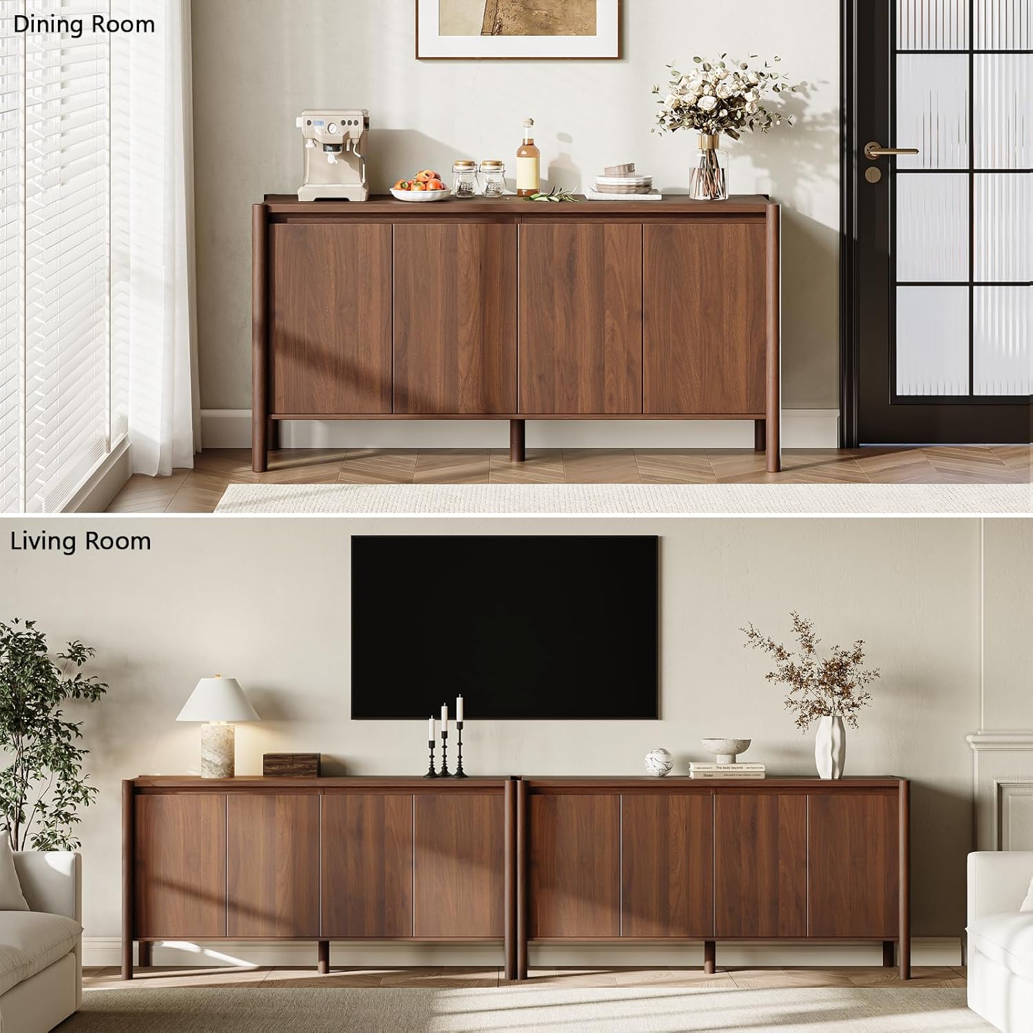 59" Wide Walnut Buffet Cabinet Storage,4 Doors and Adjustable Shelves,Solid Wood Round Legs,Wood Mid Century Sideboard for Kitchen,Living Room,Coffee Bar.