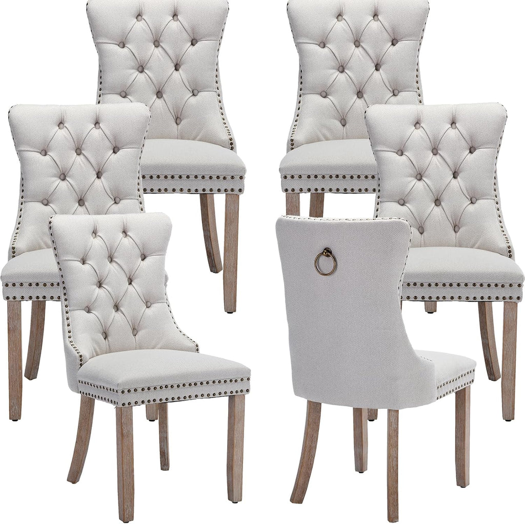OVENTA Modern Tufted Upholstered Dining Chairs Set of 6, Beige Linen Dining Room Chair with Solid Wood Legs, Sillas de Comedor, Kitchen Chairs (Beige, Linen Set of 6)