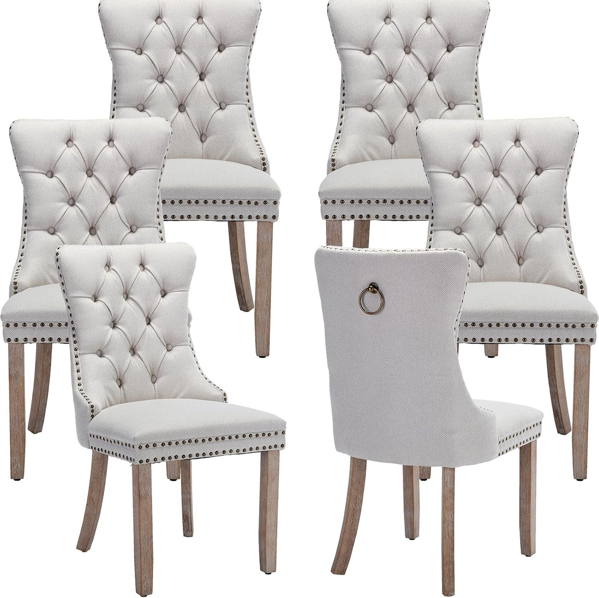 OVENTA Modern Tufted Upholstered Dining Chairs Set of 6, Beige Linen Dining Room Chair with Solid Wood Legs, Sillas de Comedor, Kitchen Chairs (Beige, Linen Set of 6)