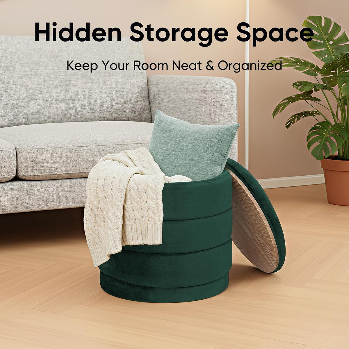 15.4" Round Velvet Storage Ottoman with Reversible Lid, Upholstered Circular Ottoman Footrest with Hidden Storage, Foldable Padded Footstool for Dorm Living Room & Bedroom, Bottle Green
