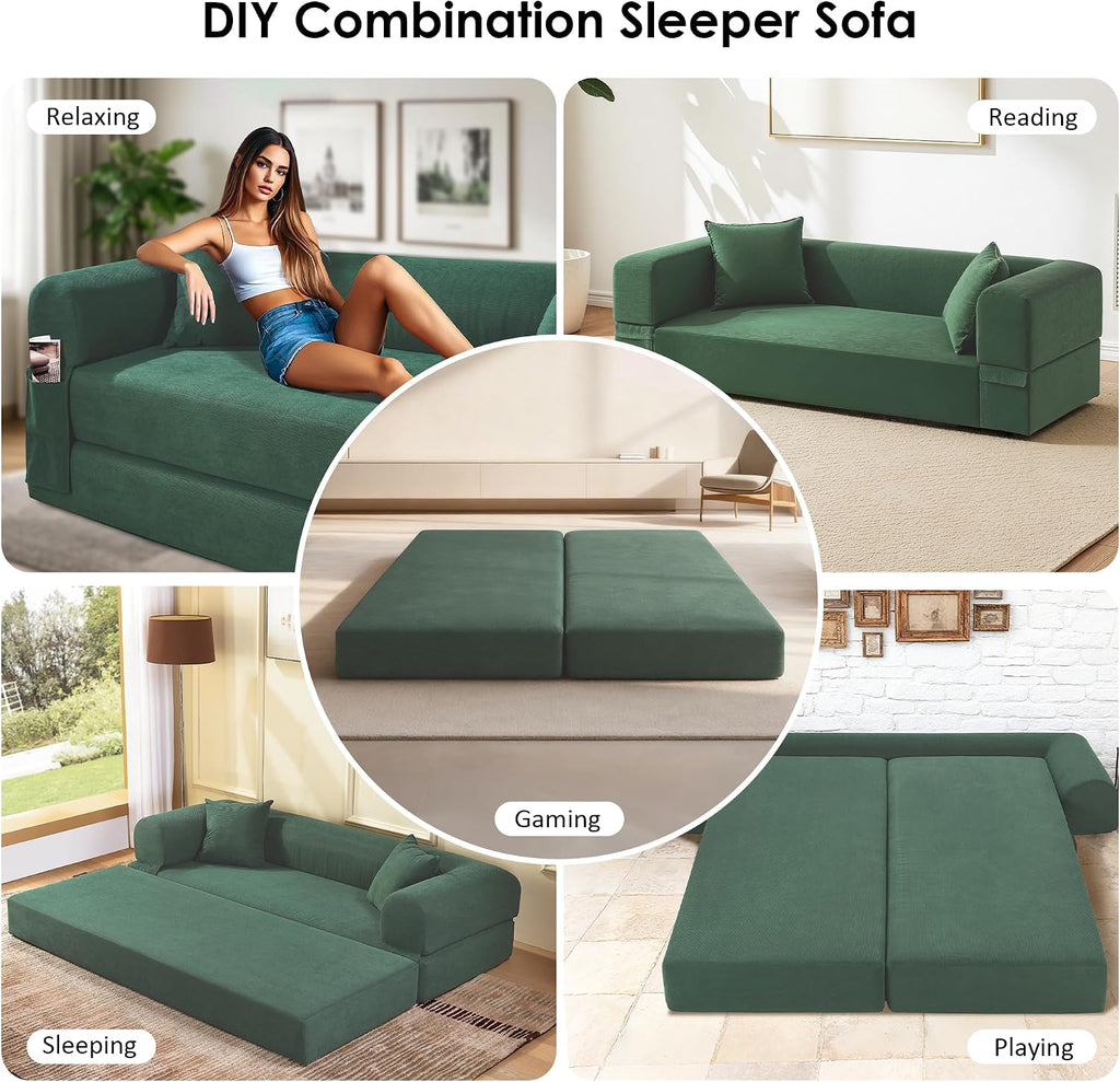 80" Cloud Sleeper Sofa Bed Pull Out Couch, Corduroy Sofa with Side Storage Pocket, Convertible Compression Sofa with Pillows for Living Room Bedroom, Light Green
