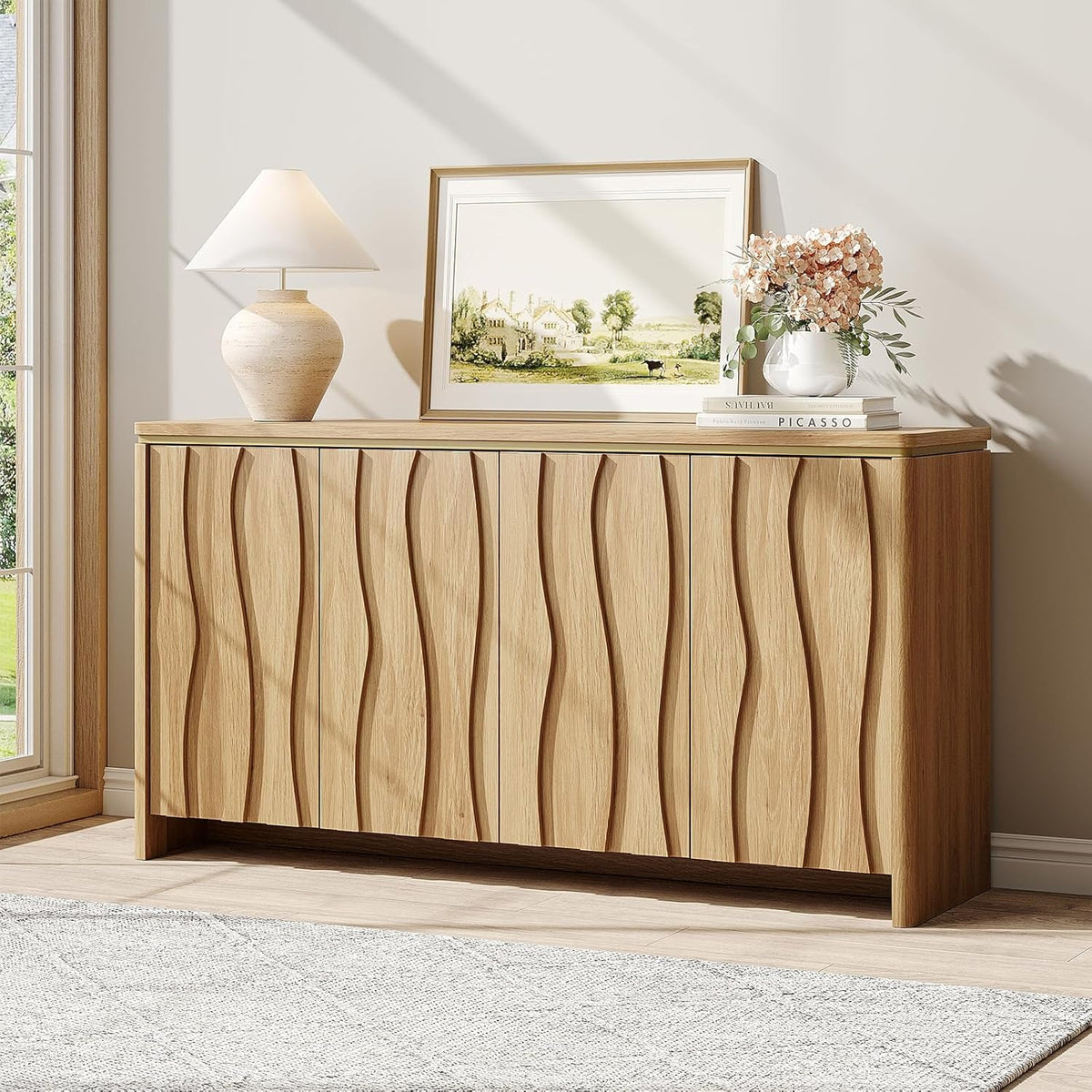 Vabches Fluted Buffet Cabinet with Storage, 3D Ripple Pattern Doors and Curved Edges, Modern Sideboard for Kitchen, Entryway, 4 Doors & Adjustable Shelf, Natural, 57.9" W