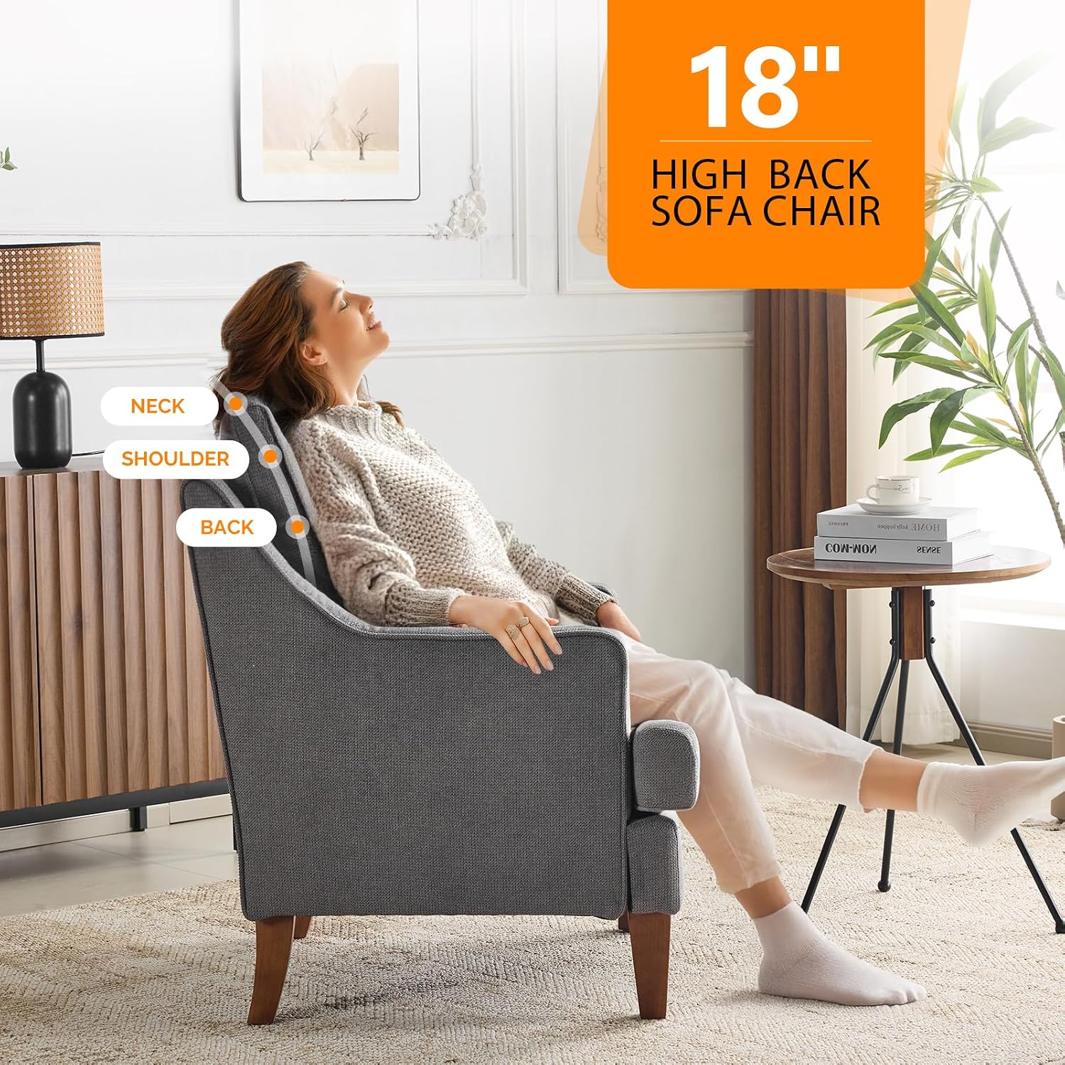 VINGLI Mid-Century Modern Accent Chair, Light Grey Upholstered Armchair Comfy Sofa Chair Reading Chair High Back for Living Room Bedroom Furniture Apartment