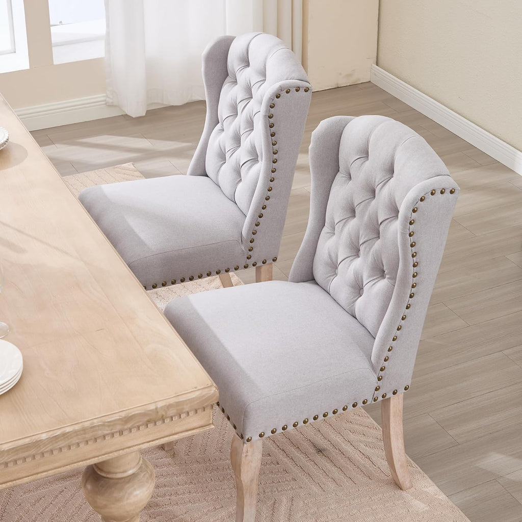 Parsons Dining Chairs Set of 2, Farmhouse High Back Chairs | Tufted Linen Upholstery, Solid Wood Legs, High Back for Kitchen & Dining Room,Grey