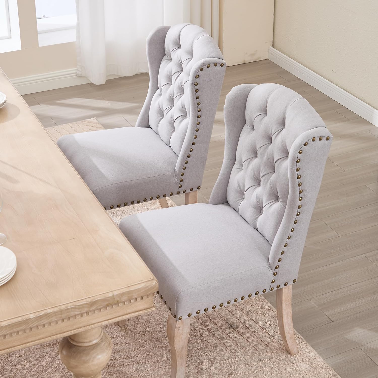 Parsons Dining Chairs Set of 2, Farmhouse High Back Chairs | Tufted Linen Upholstery, Solid Wood Legs, High Back for Kitchen & Dining Room,Grey