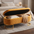 Storage Bench Bedroom Bench, Velvet Oval Upholstered End of Bed Bench with Golden Metal Legs, 46” Modern Storage Ottoman Bench for Bedroom, Living Room, Entryway, Window, Mustard
