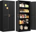 71" Black Metal Storage Cabinet with Doors, Heavy Duty | Freestanding Cupboard Kitchen Pantry Cabinet, 4 Adjustable Shelves, Gold Handles, Anti-Tip Tall Cupboard for Home and Garage