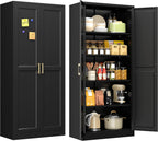71" Black Metal Storage Cabinet with Doors, Heavy Duty | Freestanding Cupboard Kitchen Pantry Cabinet, 4 Adjustable Shelves, Gold Handles, Anti-Tip Tall Cupboard for Home and Garage