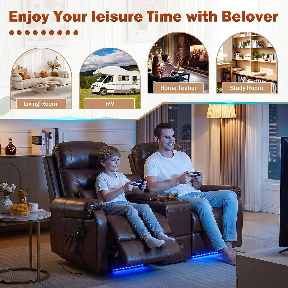 MANBUR Dual Power Lift Recliner Loveseat for Elderly, 2-Seat Electric Recliner Sofa with Massage & Heat, Double Reclining Seating w/Cup Holders, USB Charging, Faux Leather Brown