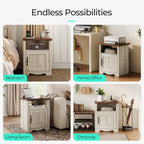 LINSY Farmhouse Night Stand Set of 2, 18.9” Wood End Table with Charging Station, Side Table for Bedroom, Living Room, Couch with USB Ports and Outlets, Nightstand with Storage, Beige