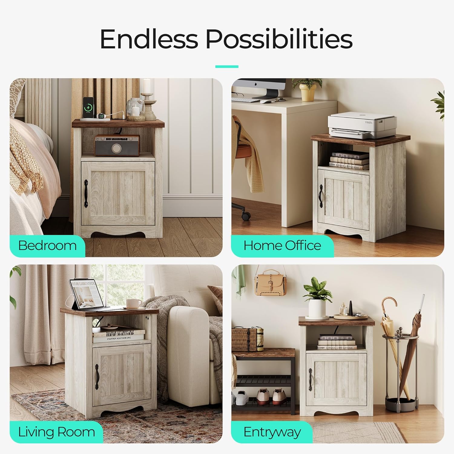 LINSY Farmhouse Night Stand Set of 2, 18.9” Wood End Table with Charging Station, Side Table for Bedroom, Living Room, Couch with USB Ports and Outlets, Nightstand with Storage, Beige
