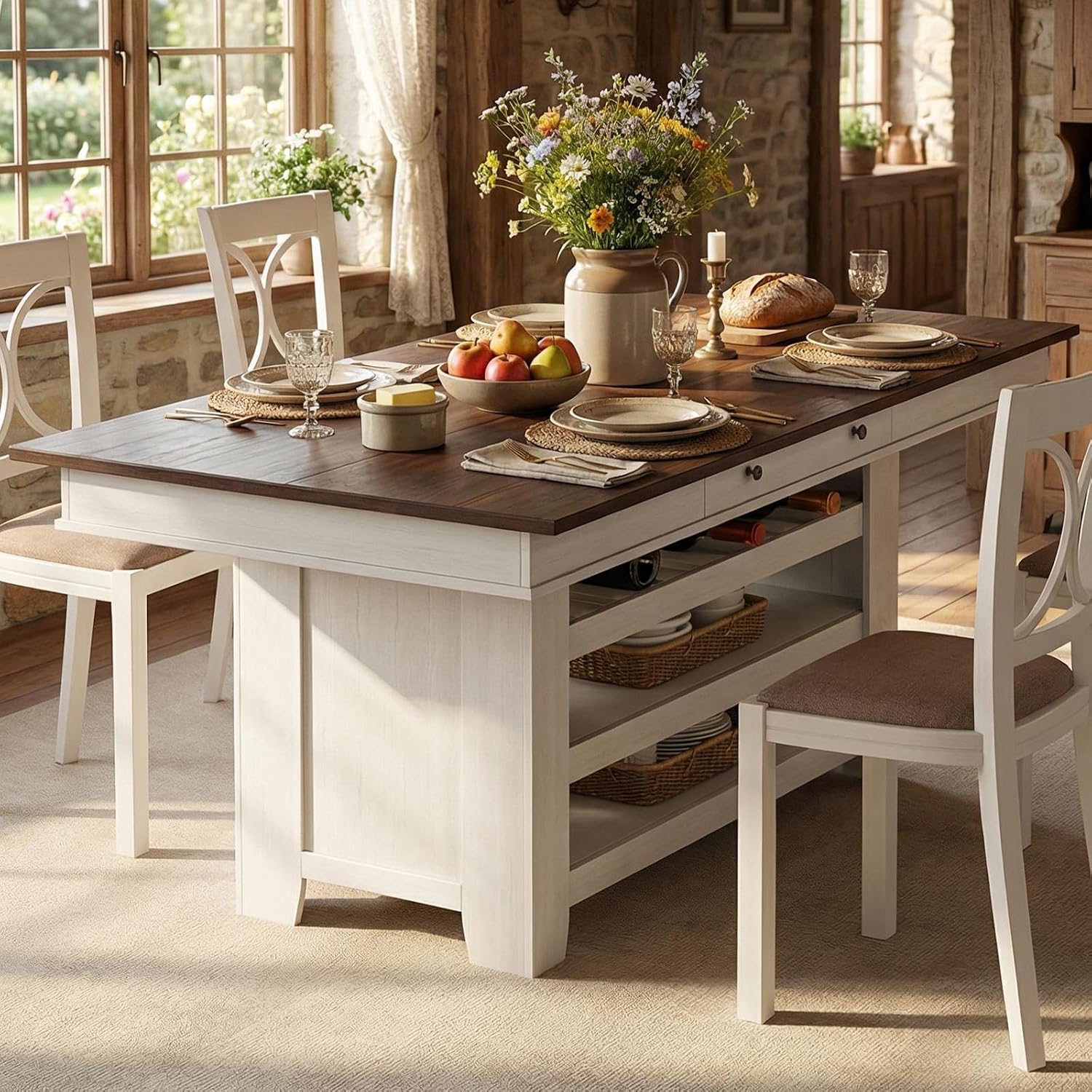 Garvee Counter Height Dining Table with 2 Drawers, 36" Farmhouse Wooden Large Bar Kitchen Table with Wine Rack & 3 Shelves, Rectangular, Thick Frame for Kitchen, Bar & Entertaining, Retro White Brow