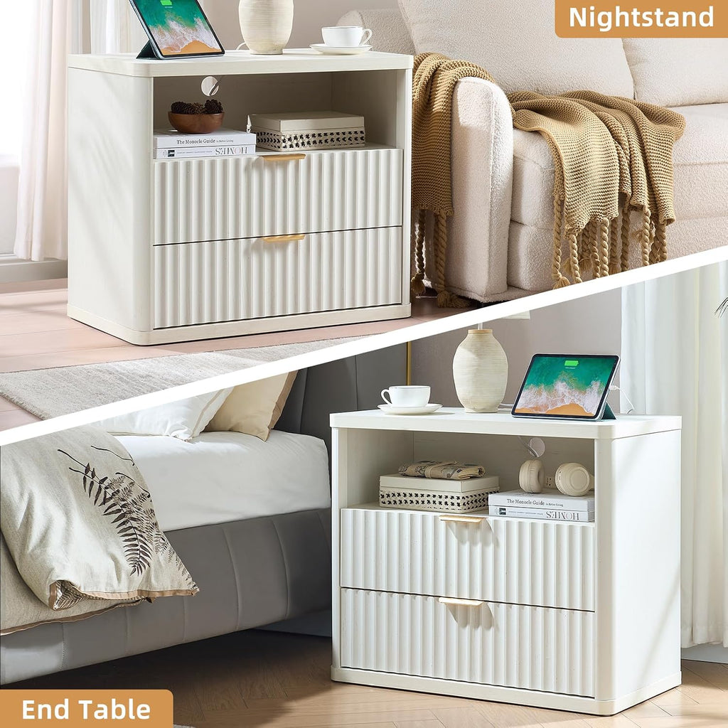 LEYAOYAO 31" Wide Fluted Nightstand Set of 2 with Charging Station, Oversized Extra Large 2 Drawers Night Stand, Antique White Bedside Table,Tall End Tables,Modern Chest of Drawer Dressers for Bedroom