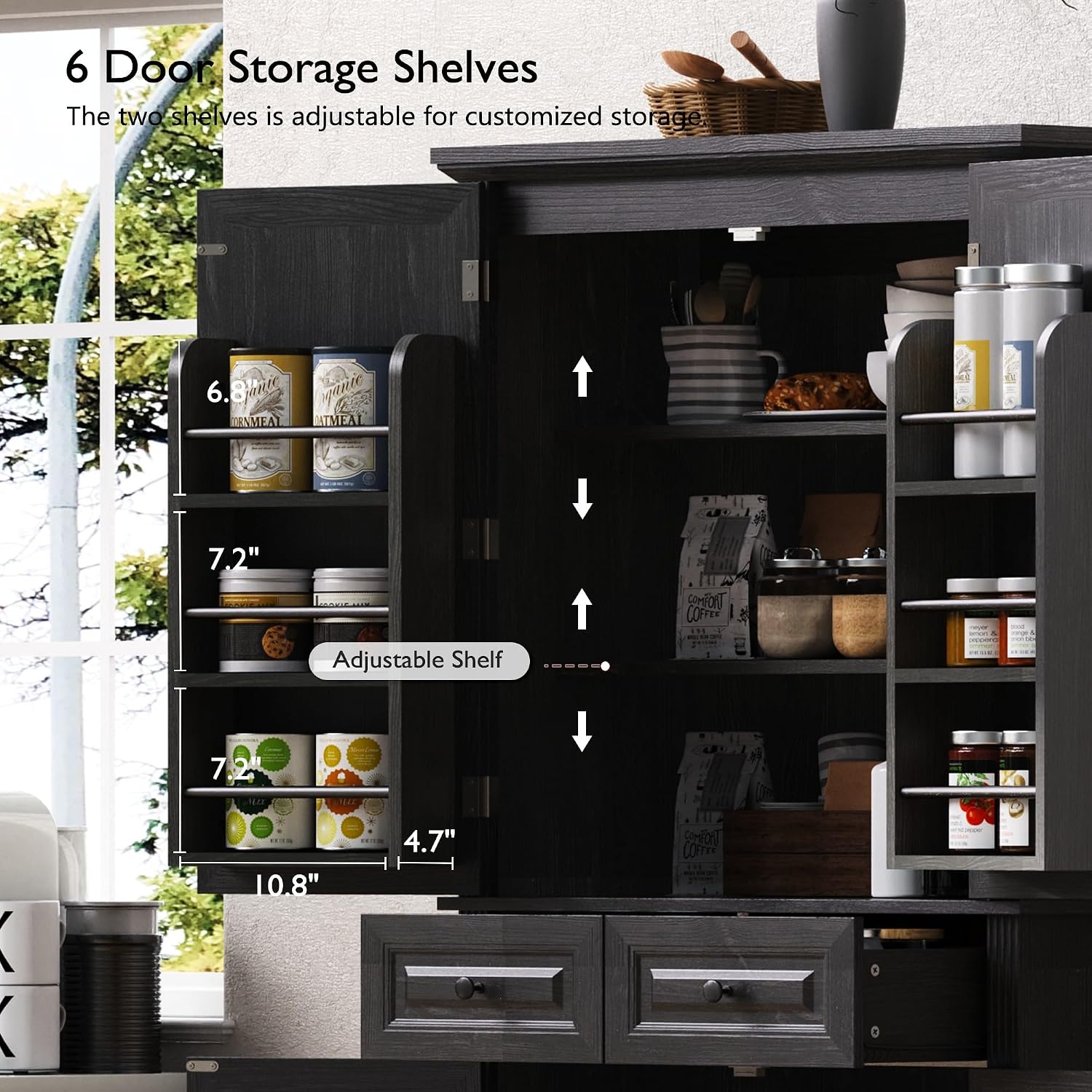 71" Tall Kitchen Pantry Cabinet with 3 Pull Out Cabinet Organizers, Farmhouse Embossed Texture Storage Cabine with 6 Door Shelves, 2 Drawers, Freestanding Cupboard for Kitchen, Dining Room (Black)
