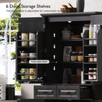 Tall Arched Pantry Cabinet with Pull-Out Cabinet Organizers, Brown | 71"H Farmhouse Storage Cabinet with 6 Door Shelves, 2 Drawers, Anti-Tipping, Embossed Texture for Dining Room