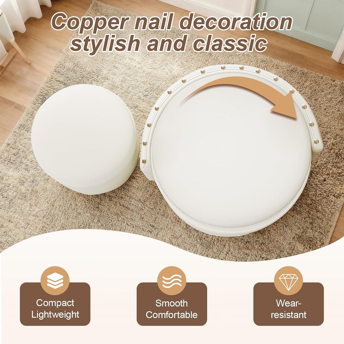 JPBSTO Rolling Round Vanity Chair with Storage, Swivel Makeup Chair with Folding Back, PU Leather Small Upholstered Ottoman for Bedroom Living Room