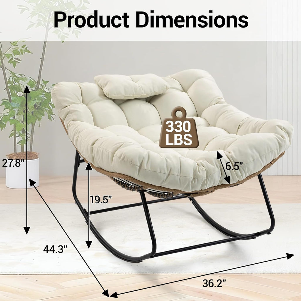 Outdoor Rocking Chair, Oversized Papasan Rocker w/Thick Cushion & Pillow, Indoor Wicker Egg Chairs for Patio Porch Balcony Deck Garden Poolside, Beige