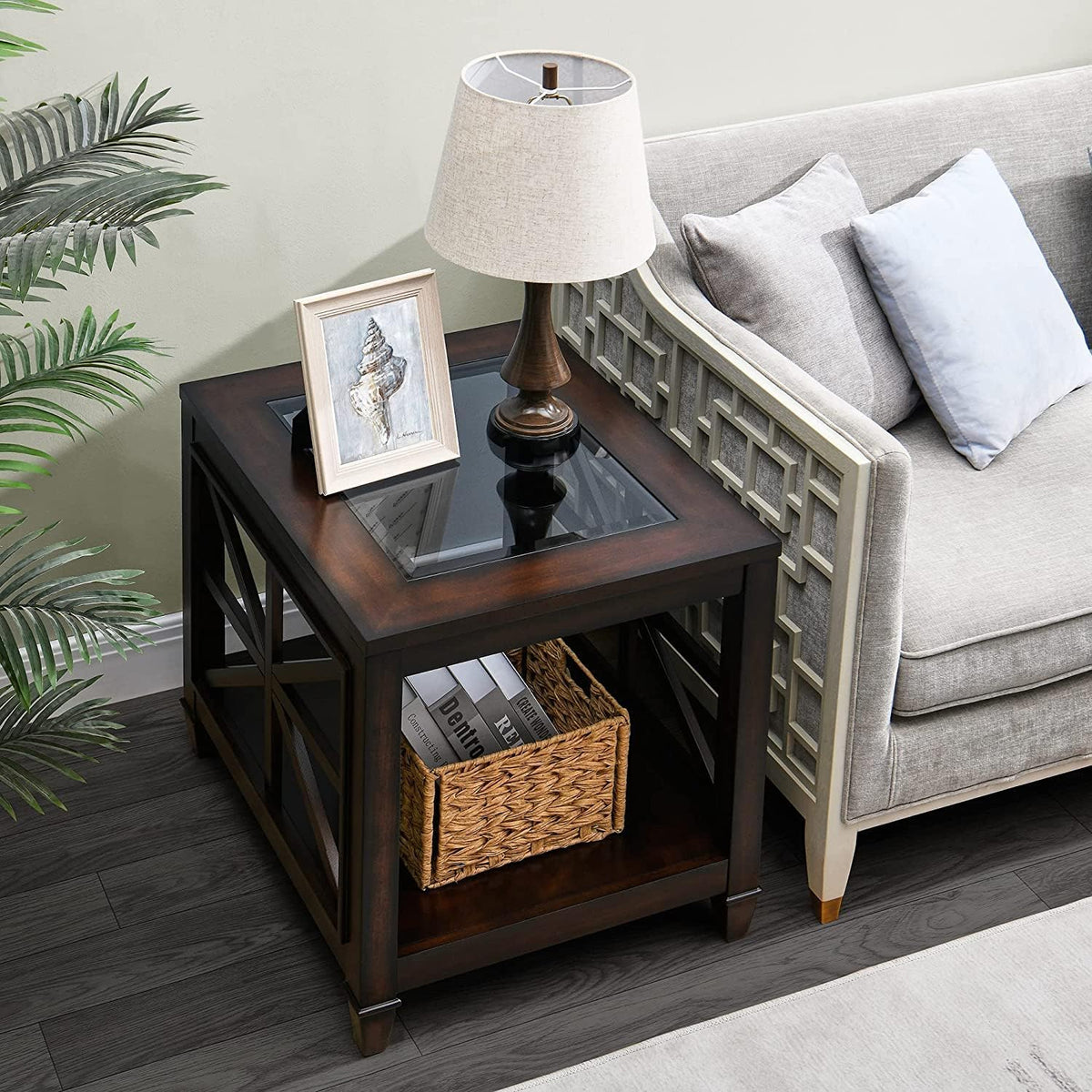 Set of 2 Solid Wood End Tables with Tempered Glass Top, 28" x 24" Large Farmhouse Side Table for Living Room, Bedroom & Office, Vintage Walnut
