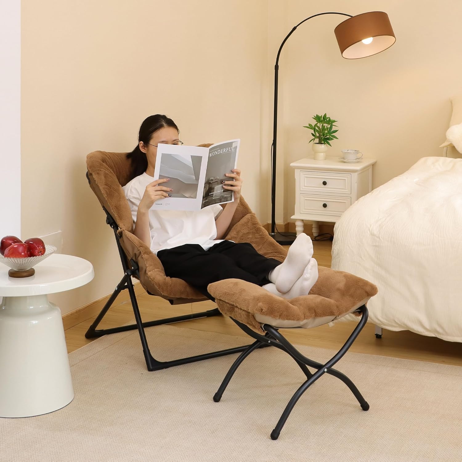 Comfy Saucer Chair for Adults, Set of 2, Soft Faux Fur Bedroom Chair, Accent Dorm Chairs, Flexible Living Room Reading Chairs, Oversized Folding Lounge Seat for Teens, X-Large, Brown