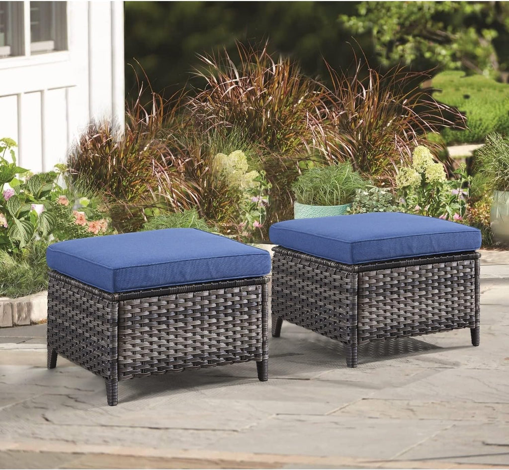 Outdoor Rattan Ottomans Wicker with Blue Cushion (Set of 2) Black Modern Contemporary Square Steel Ottoman Included