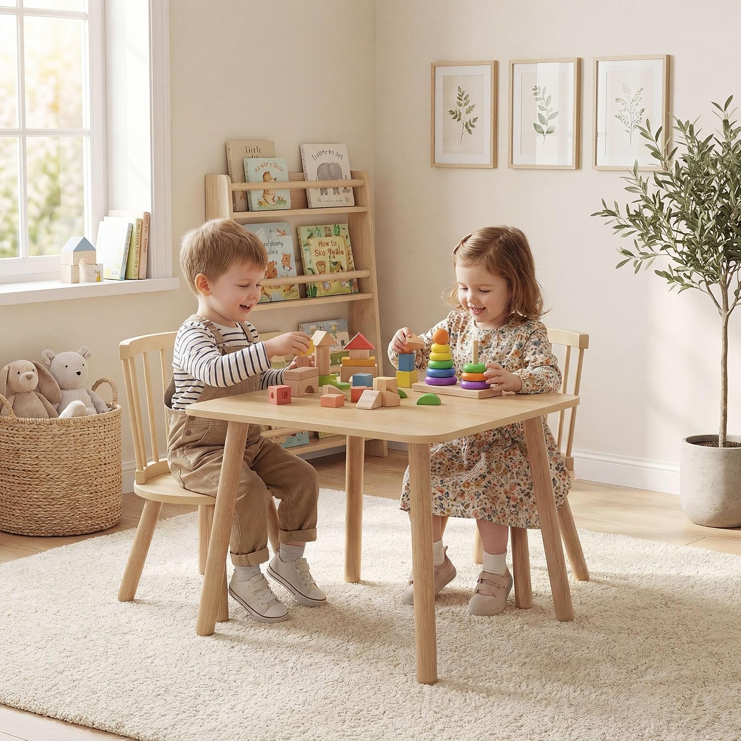 Costzon Kids Table and Chairs, 3 PCS Wooden Desk Set for Toddlers (Natural) | Pine Wood Frame, 2 Rounded Chairs, Nursery Children's Room Furniture for Arts, Crafts, Reading, Eating