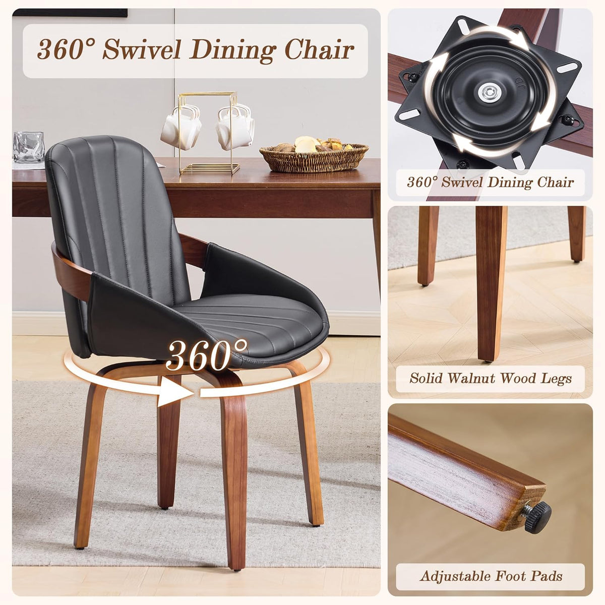 Swivel Dining Chairs Set of 4, Mid Century Modern Swivel Dining Chairs with Arms，Upholstered Kitchen & Dining Room Side Chairs with Solid Wood Legs for Living Room