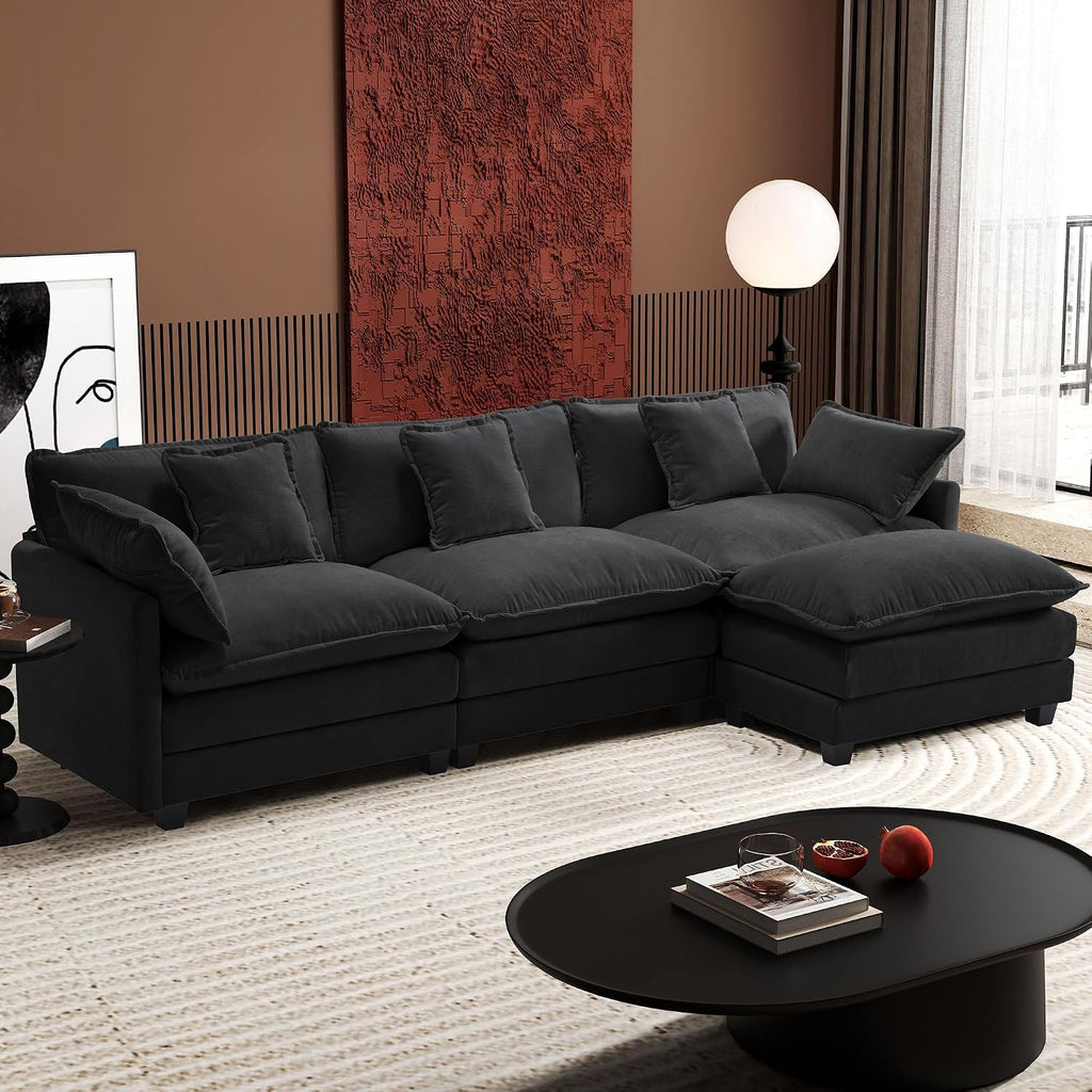 Ihanherry 111.4" L Shaped Modern Sofa Modular Sectional Cloud Couch with Ottoman, 4-Seat Chenille Deep Seat Sofa with Pillow for Living Room, Bedroom and Apartment, Black