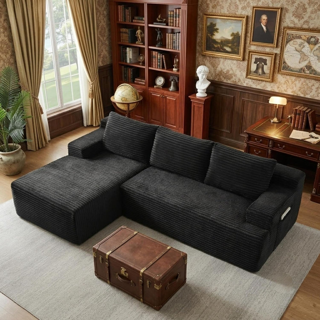 96" Corduroy Sectional Sofa Couches for Living Room - L Shaped Compressed Cloud Couch with Left Facing Chaise Lounge and Side Pockets