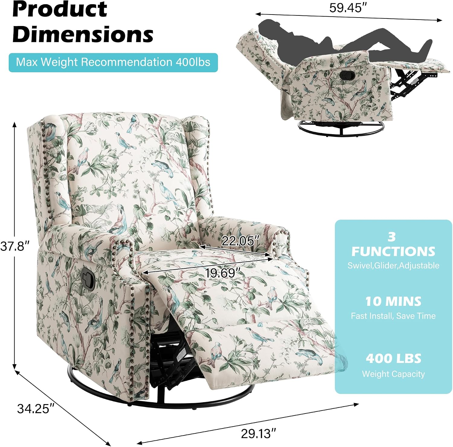 Swivel Glider Floral Recliner Chair, High Back Swivel Rocker Fabric Wingback Chair for Living Room, Rivet Trim Upholstered Armchair Manual Sofa Seating - Rococo Green