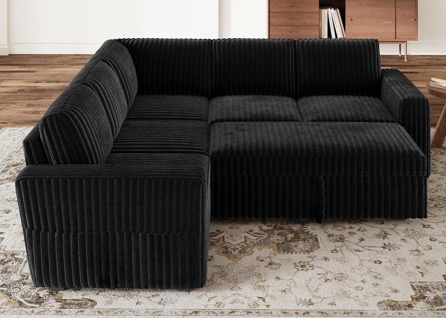 HONBAY Modular Sectional Sleeper Sofa with Pull Out Bed,Corduroy L Shaped Couch with Storage, Sectional Couches for Living Room,Black