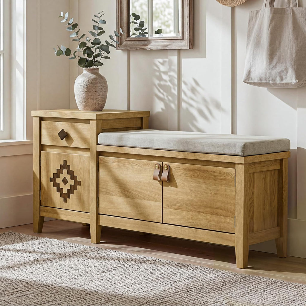 Entryway Bench with Storage, 3 in 1 Storage Bench with 1 Drawer and 2 Cubbies, 44" Rustic Wooden Seat with Cushion for Living Room, Bedroom, Entry Hall (Natural)